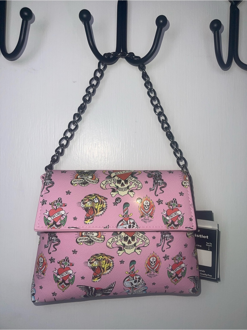 NWT Ed Hardy Pink Tattoo-Print Chain Shoulder Bag